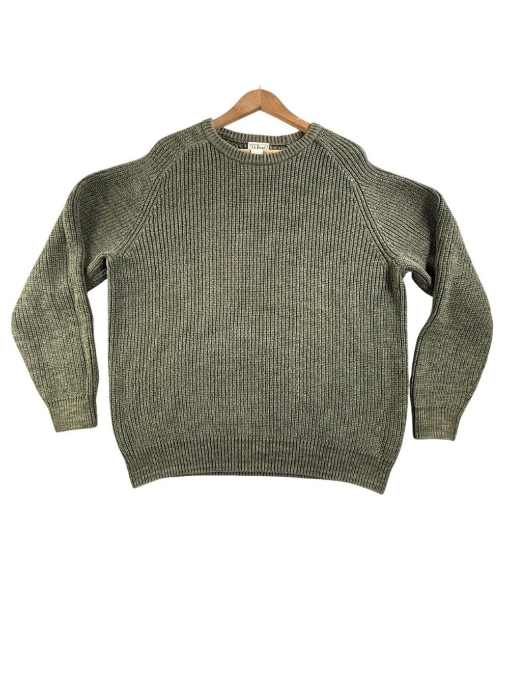 L.L. Bean Sweater Mens Large Green Cotton Crewneck Heavy Rib Knit Fisherman Warm